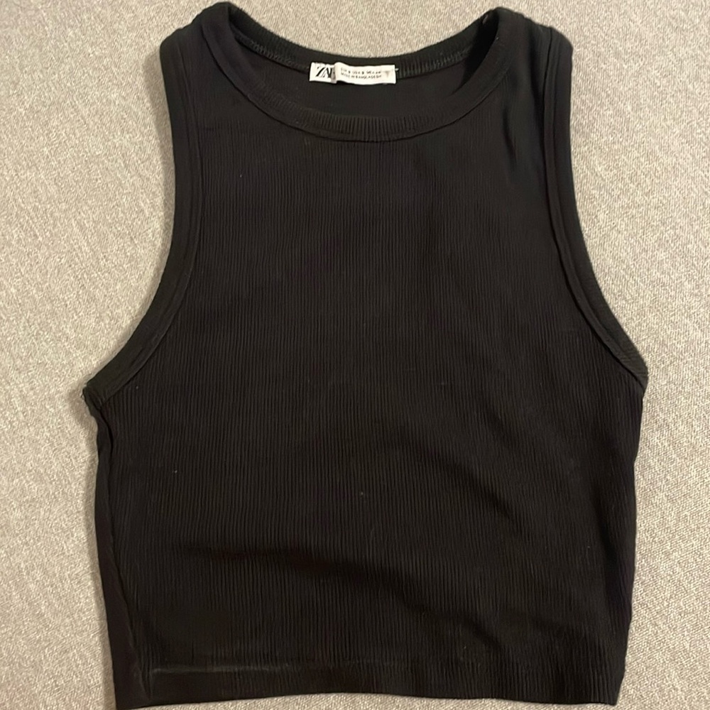 Zara black round neck ribbed sleeveless crop top